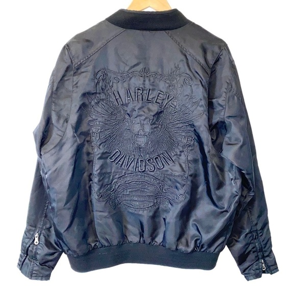 Harley Davidson Embroidered Skull Wings Satin Bomber Jacket Biker Moto Large - Picture 1 of 16